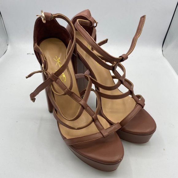 A XYD Brown Strappy Platform Club Open Toe Dress Chunky High Heel Sandals - Picture 6 of 11